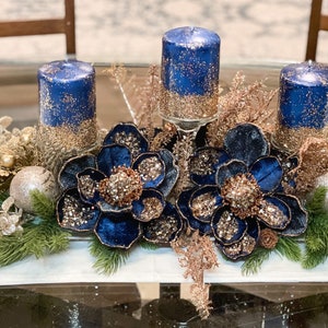 Christmas centerpiece, navy Christmas centerpiece, blue centerpiece, Christmas floral arrangement, Christmas table decor, champagne decor