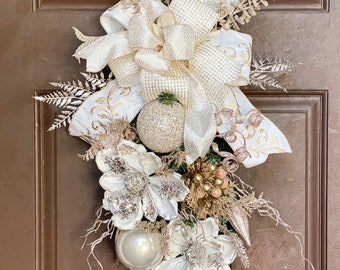 Christmas swag, Christmas wreath, champagne Christmas swag, white Christmas swag, gold Christmas swag, Christmas door decor