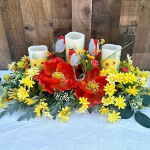 Summer Centerpiece, everyday centerpiece, summer table decor, everyday table decor, housewarming gift, red poppies, large floral arrangement