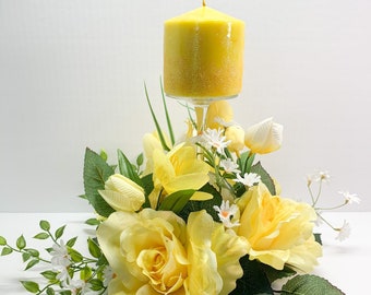 All year around centerpiece, summer centerpiece, kitchen table centerpiece, yellow rose centerpiece, yellow roses, yellow candle stand,
