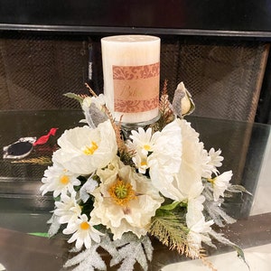 Spring Centerpiece, white poppy centerpiece, after holiday decor, spring decor, white centerpiece, spring poppy decor,vanilla candle, spring