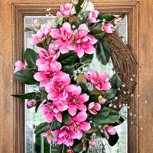 Sommerkranz, Magnolienkranz, Alltagskranz, Magnolientürdekor, neues Hauskranz, Einweihungsgeschenk, Sommertürdekor, rosa Magnolien