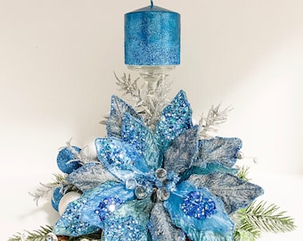 Christmas Centerpiece, Blue Christmas centerpiece, blue centerpiece, blue poinsettias, designer candles, designer centerpiece,