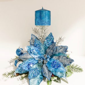 Christmas Centerpiece, Blue Christmas centerpiece, blue centerpiece, blue poinsettias, designer candles, designer centerpiece, image 1