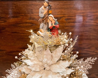 Christmas centerpiece, nativity scene, Christmas holy family, holy family, white Christmas centerpiece, Christmas floral arrangement, Christ