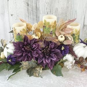 Fall centerpiece, large fall floral arrangement, purple velvet pumpkins, purple fall centerpiece, designer fall centerpiece, fall decor,