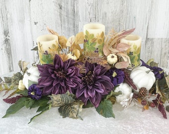 Fall centerpiece, large fall floral arrangement, purple velvet pumpkins, purple fall centerpiece, designer fall centerpiece, fall decor,