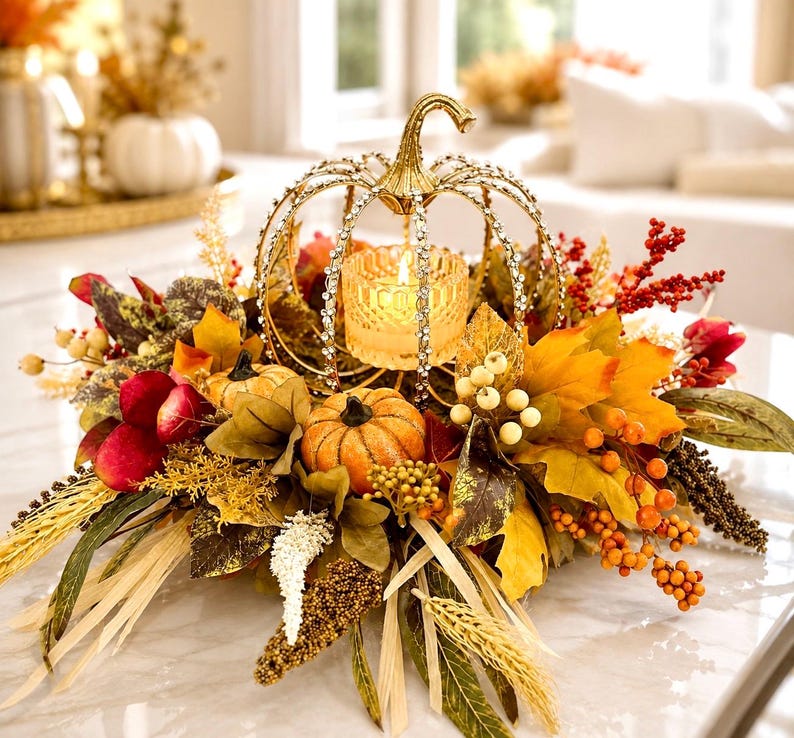May include: A decorative centerpiece featuring a gold-toned wire pumpkin frame encrusted with clear crystals, surrounding a glass votive candle holder. The arrangement includes artificial orange pumpkins, autumn leaves, red berries, and dried wheat stalks.