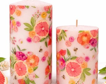 Lyxig morsdagsljuspresent, rosa blommigt grapefruktpelarljus, handgjord heminredning, present till mamma, vårsommarheminredning, sommar