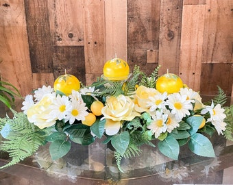 Lemon centerpiece, Summer centerpiece,  lemon decor, yellow roses, large floral arrangement, kitchen decor, lemon kitchen table decor