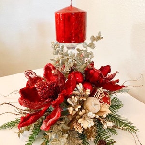 Christmas centerpiece, Red Christmas Centerpiece, Red Magnolia centerpiece, Christmas decor, Christmas candle holder, Red Centerpiece, image 2