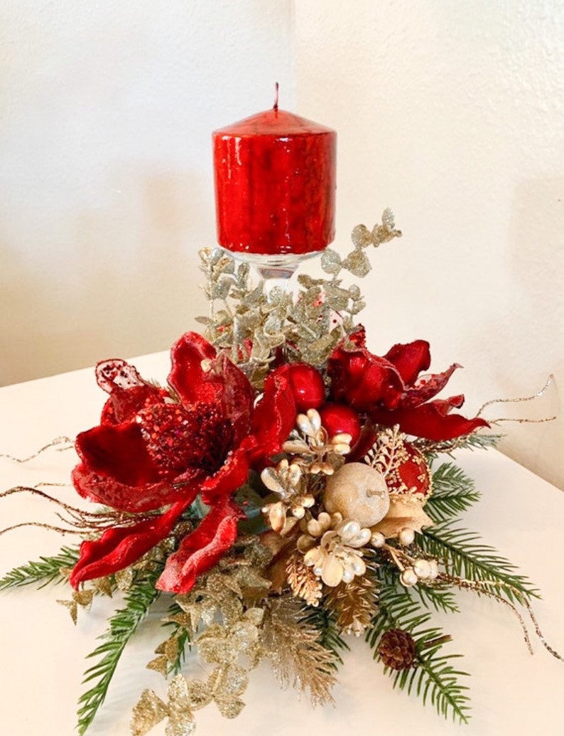 Christmas centerpiece, Red Christmas Centerpiece, Red Magnolia centerpiece, Christmas decor, Christmas candle holder, Red Centerpiece, image 2