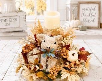 Pièce maîtresse de cochon d'automne rustique, décoration de table d'automne, arrangement de citrouilles de Thanksgiving, décoration de ferme, pièce maîtresse de ferme d'automne, récolte