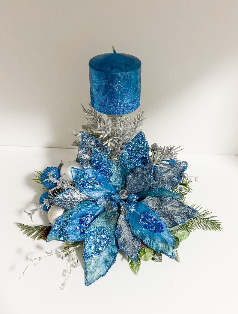 Christmas Centerpiece, Blue Christmas centerpiece, blue centerpiece, blue poinsettias, designer candles, designer centerpiece, image 3