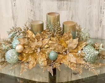 Christmas Centerpiece, Christmas floral centerpiece, Christmas gold decor, large centerpiece, Christmas decor, seafoam floral centerpiece,