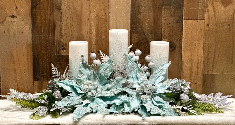 Large blue Christmas centerpiece, large Christmas centerpiece, Christmas floral arrangement, ice blue Christmas decor, XL floral arrangement image 2