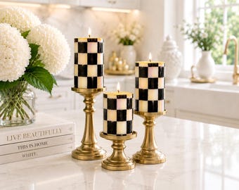 Designer Black & White Checkered Pillar Candle, zwart-witte geruite kaars, Mackenzie-Childs-servetten, luxe kaars, handgemaakte kaarsen