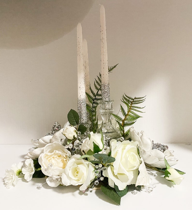 Wedding centerpiece, wedding candle holder, bridal shower decor, Designer centerpiece, white roses centerpiece, crystal centerpiece, image 10