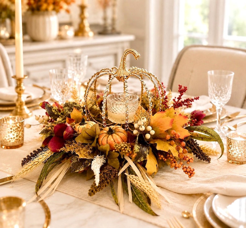 May include: A decorative gold metal pumpkin-shaped candle holder featuring a central glass votive cup, surrounded by an arrangement of artificial autumn leaves, small orange pumpkins, dried wheat stalks, and clusters of red and white berries.