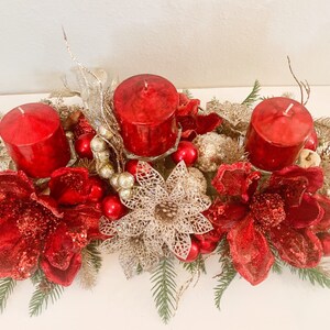 Christmas Centerpiece,Red Christmas decor, Red Christmas floral arrangement, Large Christmas centerpiece, Christmas candle holder, Christmas image 4