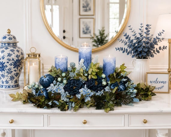 Fall centerpiece, blue fall centerpiece, blue fall floral arrangement, fall floral arrangement, velvet pumpkins, thanksgiving centerpiece