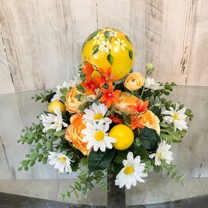 Lemon centerpiece, lemon floral attachment, floral arrangement for kitchen table, lemon decor, lemon candle, hand painted candle, summer