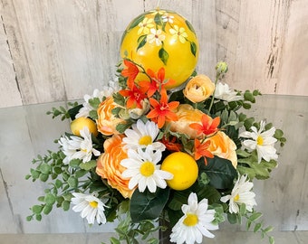 Lemon centerpiece, lemon floral attachment, floral arrangement for kitchen table, lemon decor, lemon candle, hand painted candle, summer