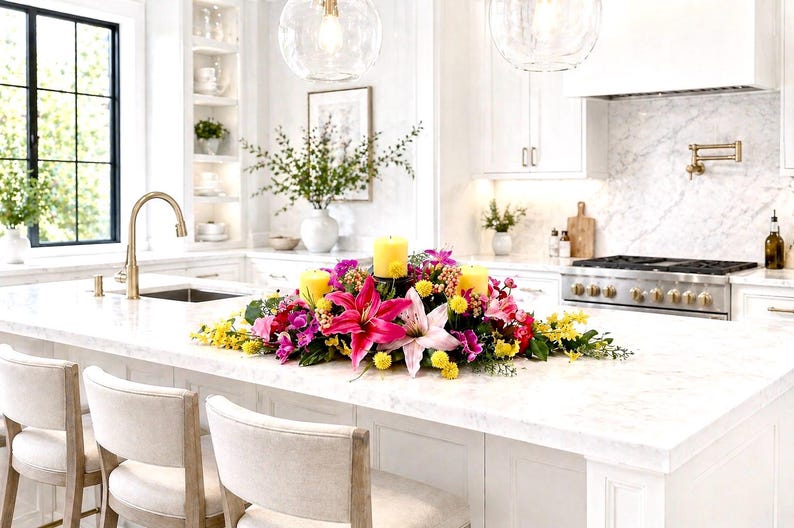 May include: A kitchen island is adorned with a vibrant floral arrangement featuring pink lilies, yellow and purple flowers, and three yellow candles. The kitchen has white cabinetry, a marble countertop, and a stainless steel stove.