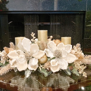 Christmas Centerpiece, Christmas floral arrangement, Christmas magnolias, large centerpiece, Christmas decor, white floral centerpiece,