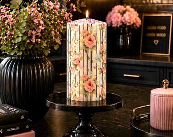 Vela cilíndrica floral, vela decorativa de flores rosas, decoración romántica para el hogar, regalo para ella, vela de lujo, decoración de primavera, decoración para mesa de centro, negra