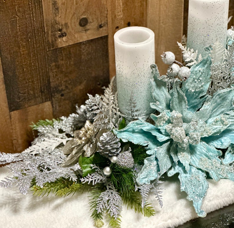 Large blue Christmas centerpiece, large Christmas centerpiece, Christmas floral arrangement, ice blue Christmas decor, XL floral arrangement image 6