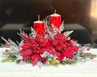 Christmas centerpiece, red Christmas centerpiece, large floral arrangement, red silver Christmas centerpiece, Christmas  decor, Christmas