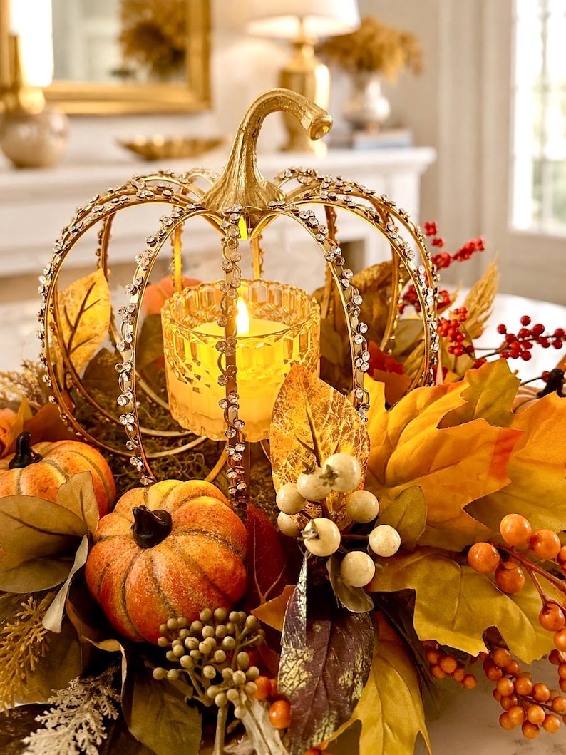 May include: A gold-toned metal pumpkin-shaped candle holder adorned with clear rhinestones, containing a faceted glass votive with a lit candle. The centerpiece is surrounded by artificial orange pumpkins, yellow and brown autumn leaves, and berries.