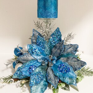 Christmas Centerpiece, Blue Christmas centerpiece, blue centerpiece, blue poinsettias, designer candles, designer centerpiece, image 8