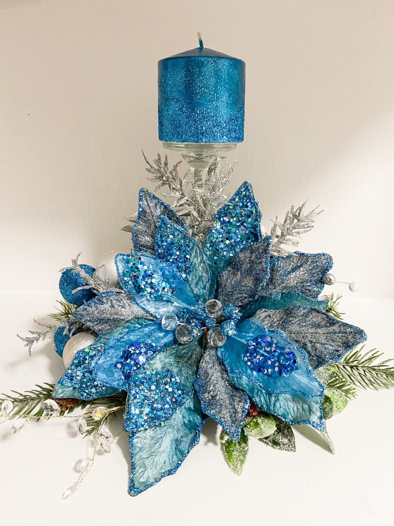 Christmas Centerpiece, Blue Christmas centerpiece, blue centerpiece, blue poinsettias, designer candles, designer centerpiece, image 8