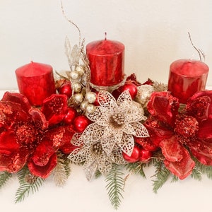 Christmas Centerpiece,Red Christmas decor, Red Christmas floral arrangement, Large Christmas centerpiece, Christmas candle holder, Christmas image 1