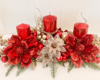 Christmas Centerpiece,Red Christmas decor, Red Christmas floral arrangement, Large Christmas centerpiece, Christmas candle holder, Christmas