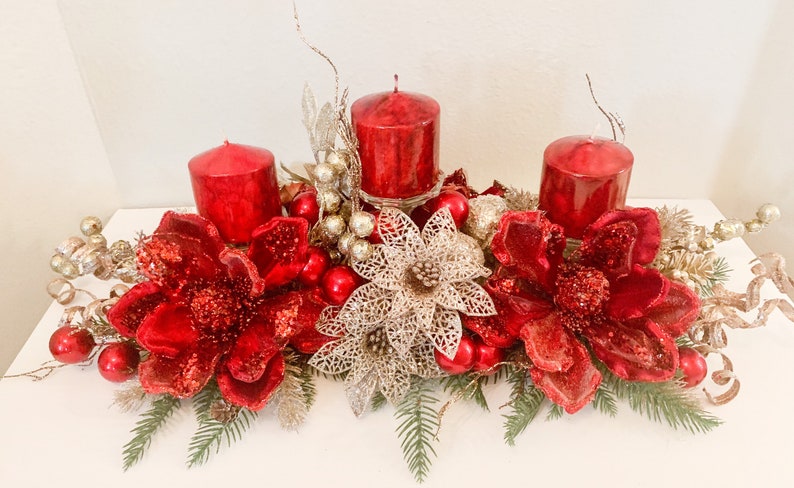 Christmas Centerpiece,Red Christmas decor, Red Christmas floral arrangement, Large Christmas centerpiece, Christmas candle holder, Christmas image 1