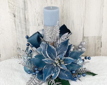 Christmas centerpiece, blue Christmas centerpiece, Christmas decor, blue Christmas decor, blue scented candle, large blue poinsettia