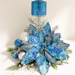 Christmas Centerpiece, Blue Christmas centerpiece, blue centerpiece, blue poinsettias, designer candles, designer centerpiece, image 2