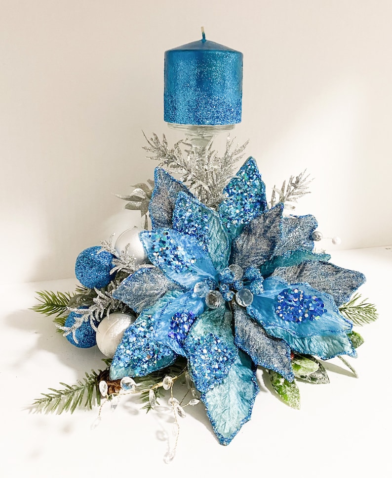 Christmas Centerpiece, Blue Christmas centerpiece, blue centerpiece, blue poinsettias, designer candles, designer centerpiece, image 2