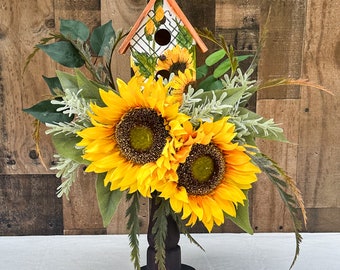 sunflower candle stick arrangement, sunflower birdhouse decor, sunflower centerpiece, sunflower kitchen decor, summer centerpiece, sunflower