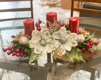 Winter centerpiece, champagne centerpiece, champagne decor, winter table decor, red berries decor, red candles, large floral arrangement