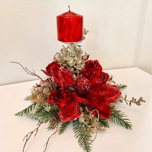 Christmas centerpiece, Red Christmas Centerpiece, Red Magnolia centerpiece, Christmas decor, Christmas candle holder, Red Centerpiece, image 5
