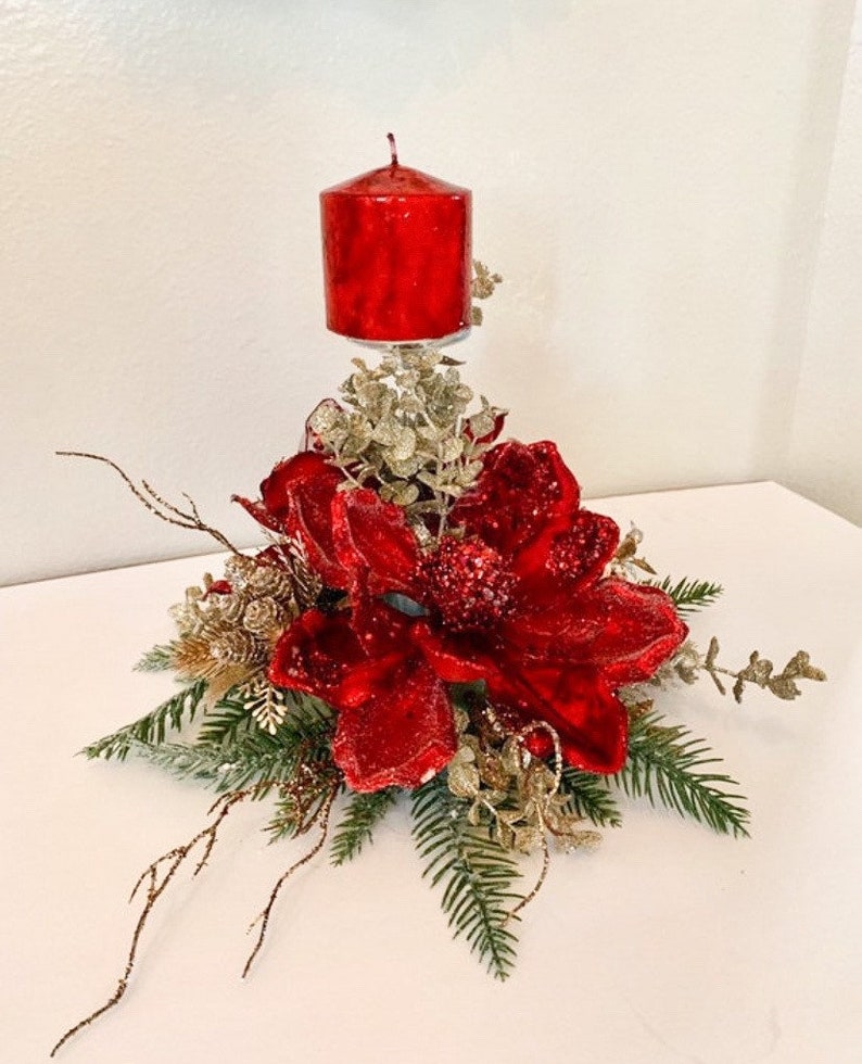 Christmas centerpiece, Red Christmas Centerpiece, Red Magnolia centerpiece, Christmas decor, Christmas candle holder, Red Centerpiece, image 5