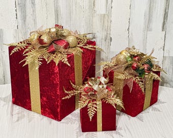 Cajas de regalo de Navidad, juego de cajas de regalo de Navidad,  decoración de caja de regalo de Navidad grande, decoración navideña roja  grande,