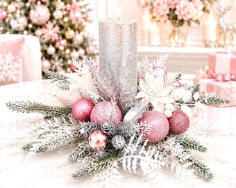 Weihnachtskerzenring in zartem Rosa, rosafarbener Weihnachtskerzenkranz, luxuriöses Weihnachts-Tischgesteck, rosafarbene Tischdekoration, Winterkerzenring, Geschenke