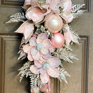 Christmas swag, pink Christmas swag, Christmas swag for front door, pink Christmas decor, pink Magnolia, Christmas decor, Christmas wreath image 3