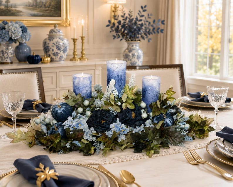May include: A centerpiece featuring three blue ombre pillar candles surrounded by dark blue and light blue artificial flowers, green foliage, and small blue pumpkins, arranged on a table with navy blue napkins and gold napkin rings.