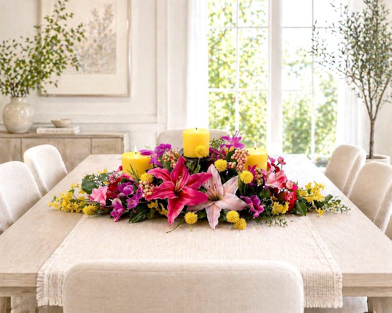 May include: A dining table centerpiece featuring a vibrant floral arrangement with pink lilies, yellow and purple flowers, and three yellow candles. The arrangement sits on a cream-colored table runner, creating an elegant display.